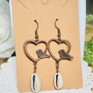 Seaside Shell, Bird Perched on Heart Dangle Earrings